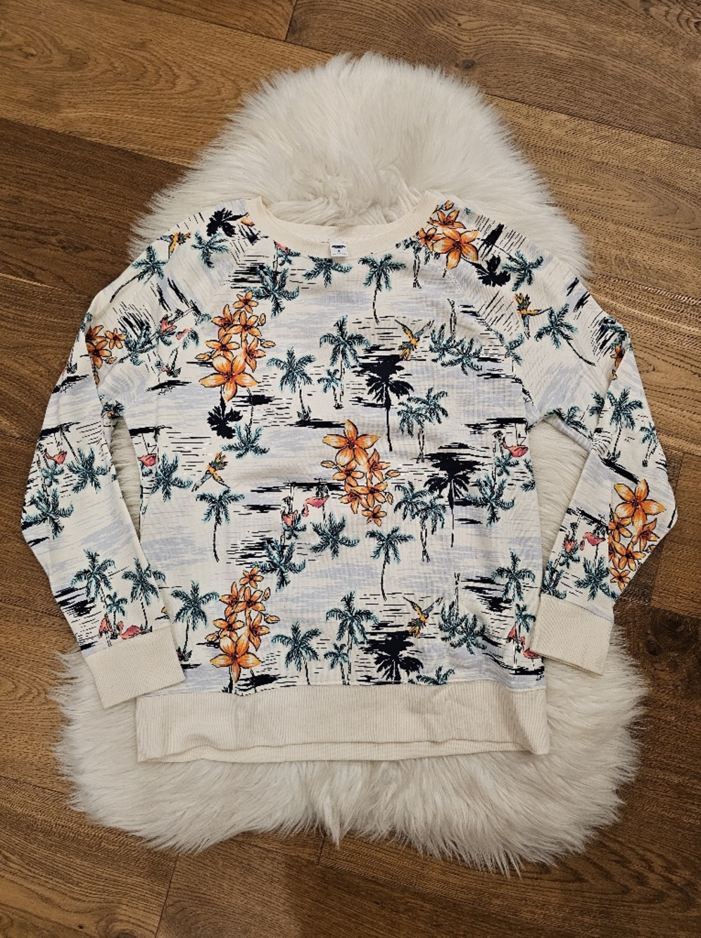 EUCTropical Floral Lightweight Pullover Sweater - Cream with Orange & Teal Print